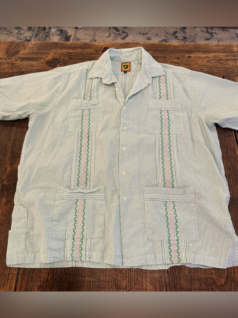 San Cristobal Striped Guayabera-Style Button-Down Shirt with Green and Pink Trim